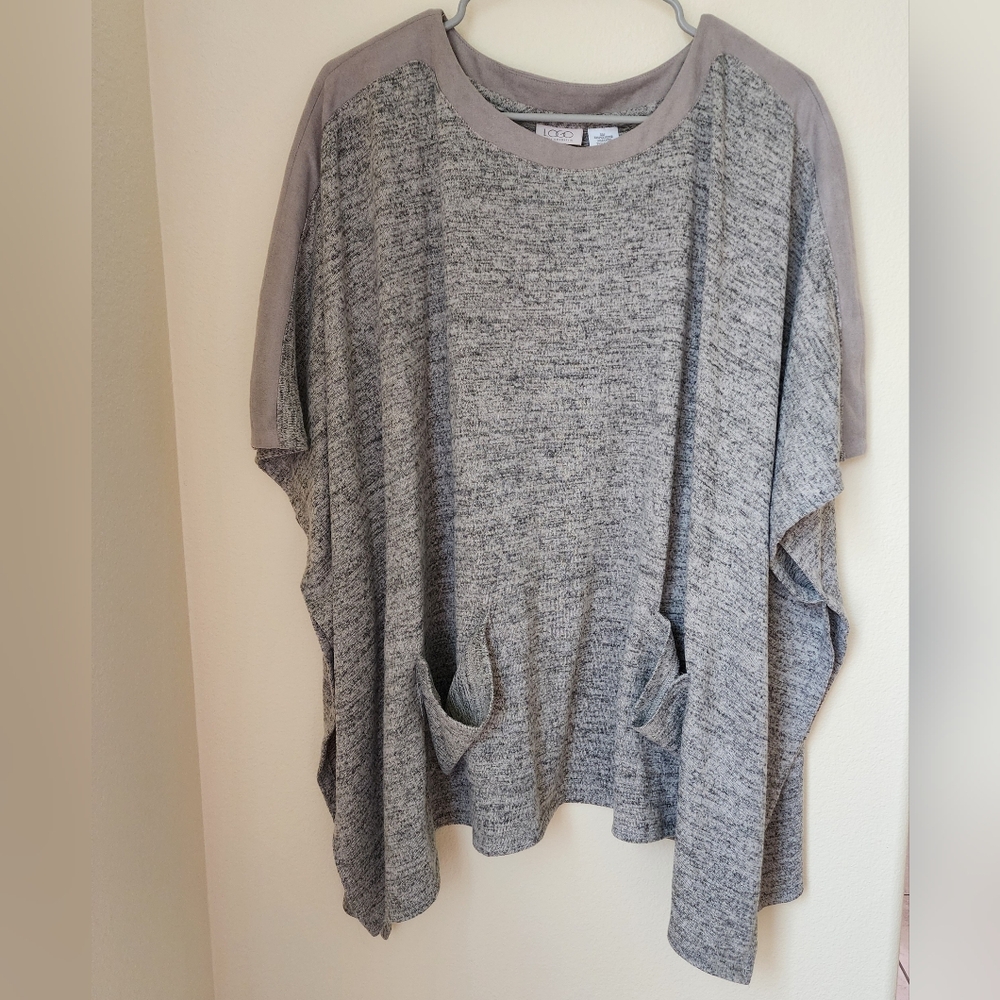 LOGO Gray Soft Sweater Poncho M-XL Oversized Flowy Feminine Boho Pockets Drapy